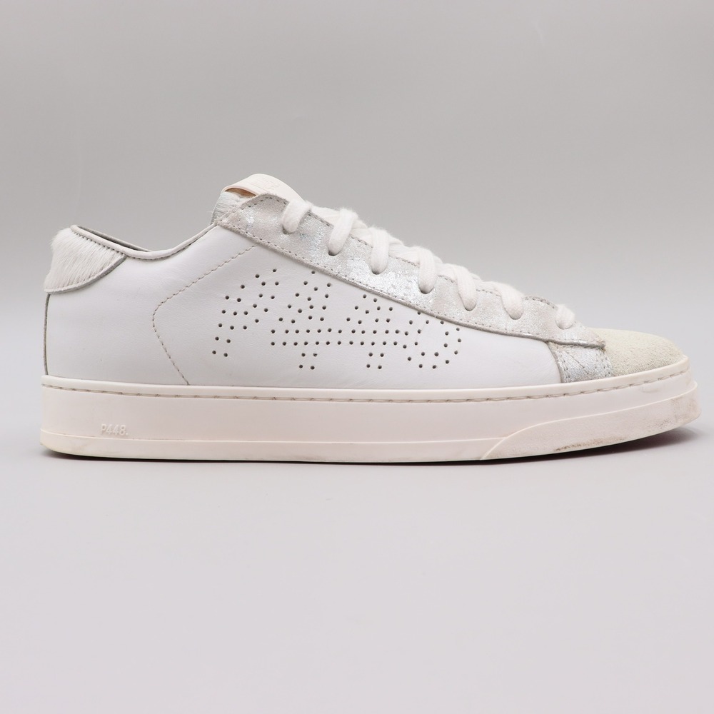P448 Jack Zebby Calf Hair Sneakers Womens Size 40 White Silver Metallic Leather